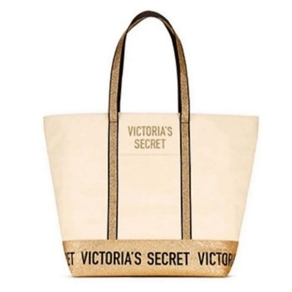 Victoria’s Secret Canvas & Gold Glitter Trim Tote Bag Zipper Top